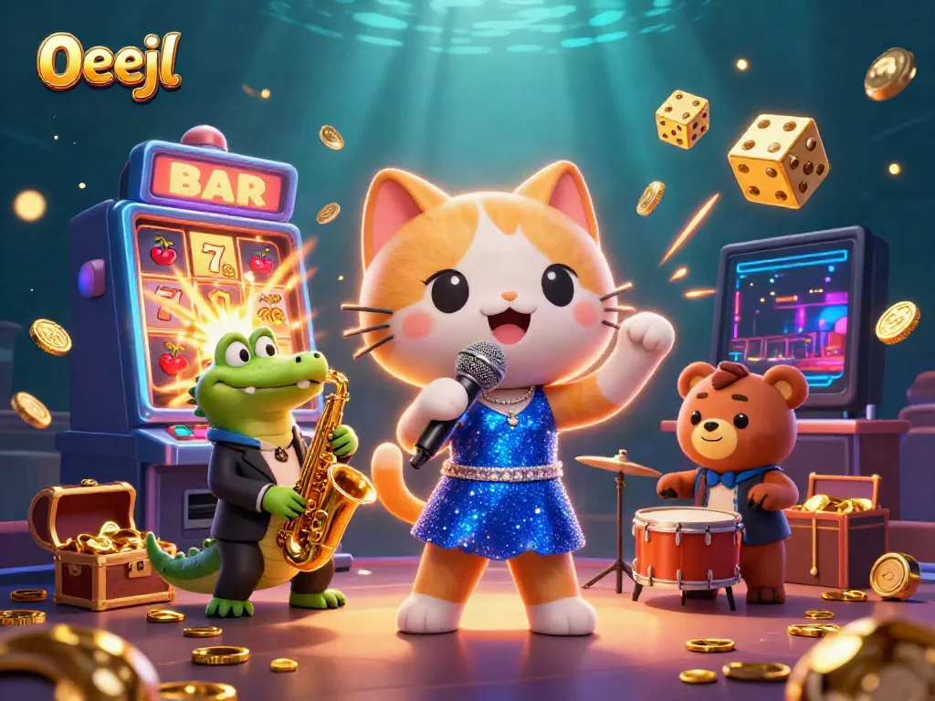 Experience thrilling wins with 0eejl in this vibrant 3D casino illustration featuring dynamic characters and rich game elements.