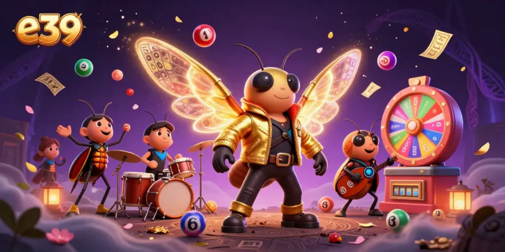 Excite e39 players with animated casino adventure featuring lottery elements and vibrant characters.