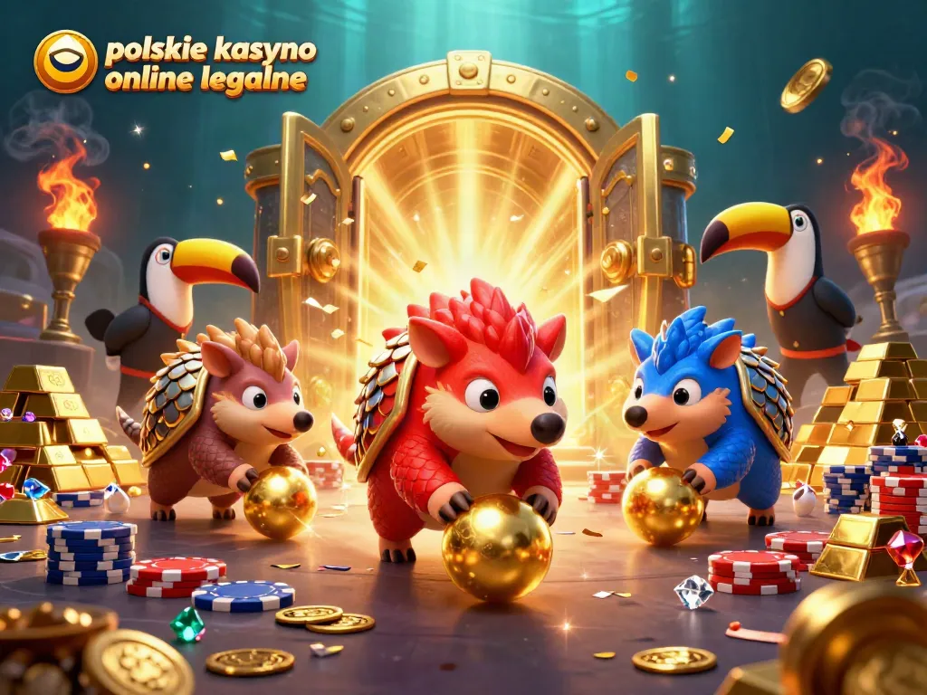 Experience thrilling gameplay at polskie kasyno online legalne with vibrant pangolin characters amidst golden treasures and casino chips.