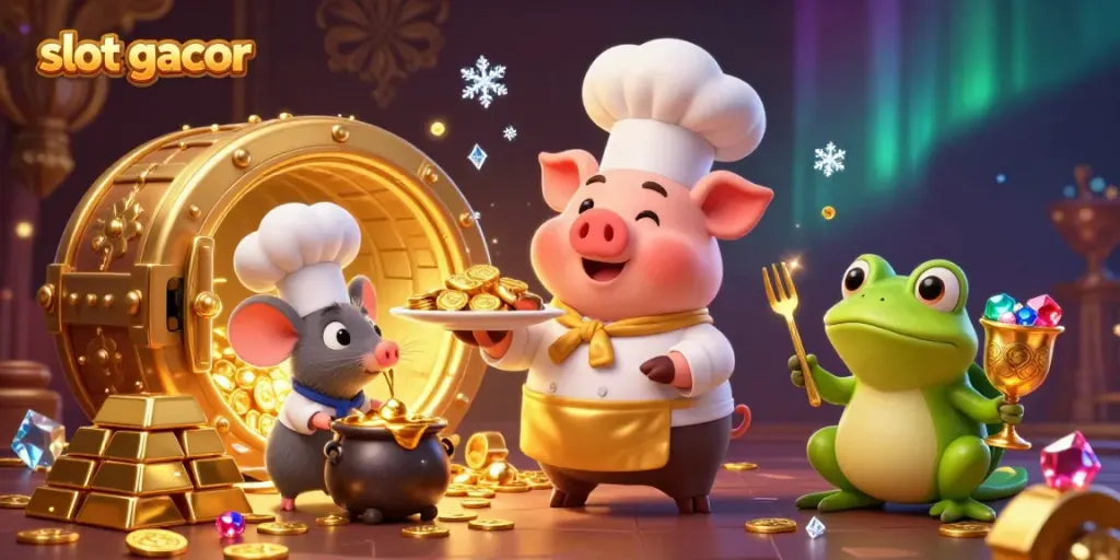 Chef pig menyajikan koin emas di kasino, simbol slot gacor yang menggoda.