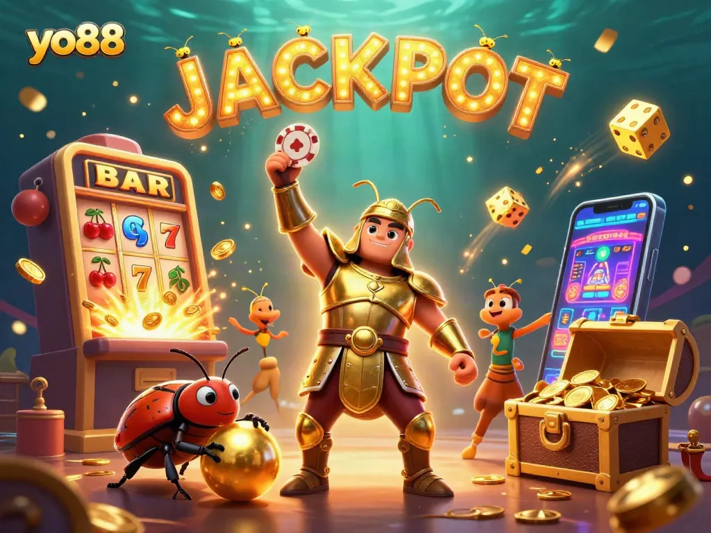 Spin the reels with yo88's vibrant casino scene featuring a victorious beetle lifting a poker chip.