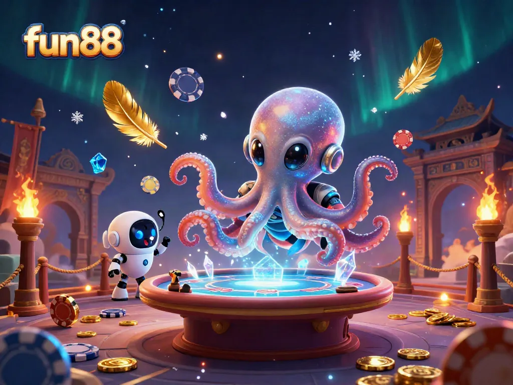 Experience fun88's thrilling game atmosphere with an alien octopus and robot at a holographic poker table.
