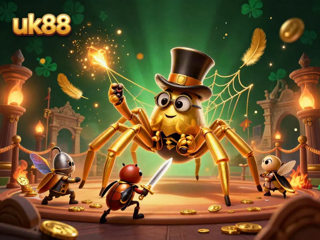 Experience thrilling gameplay at uk88 with a giant tarantula and a brave beetle knight in a vibrant casino scene.
