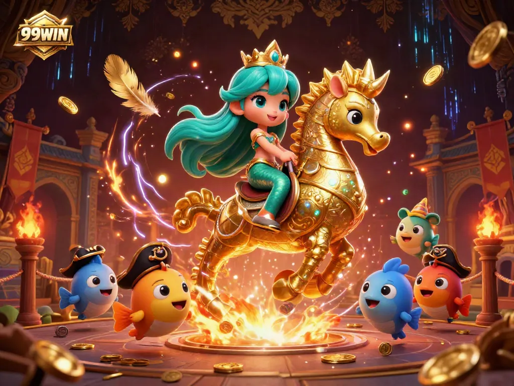 Experience the vibrant world of 99WIN, where a mermaid princess rides a seahorse amidst dynamic gaming elements.