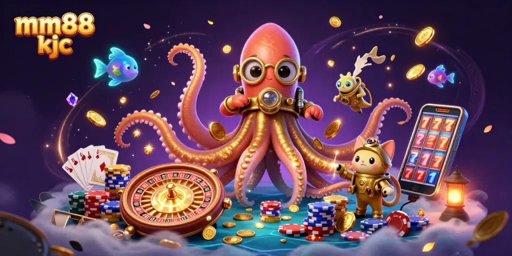 Win big with mm88 kjc, featuring a colossal kraken and diving cat amidst a rich casino adventure.