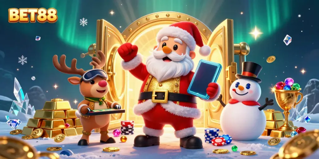Experience the thrill of jackpot slots at BET88 with Santa and gaming companions.