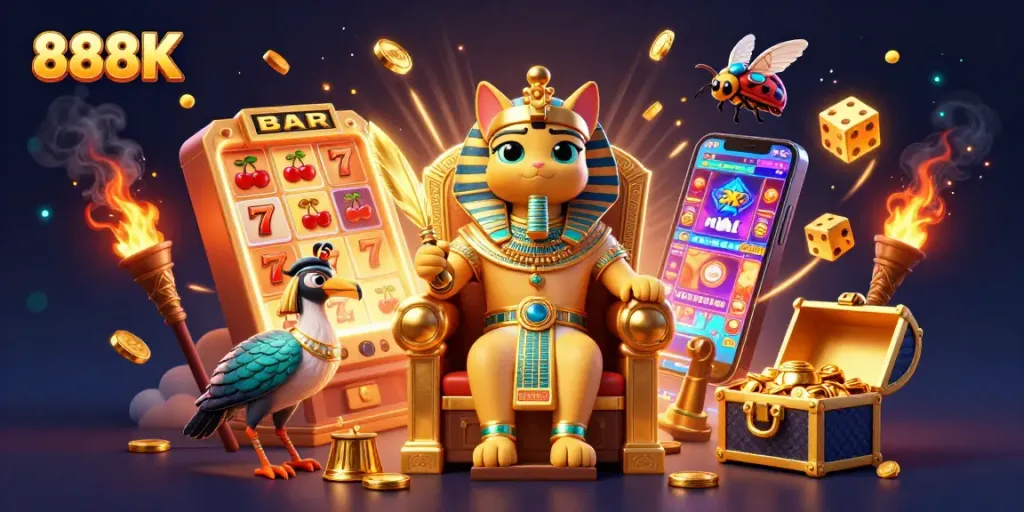 Spin reels at 888K's vibrant casino scene, featuring a golden pharaoh cat and jackpots.