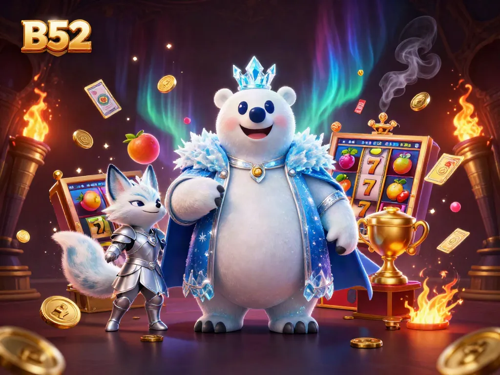 Engaging illustration featuring B52 ice king polar bear with snow fox companion amidst dynamic slot elements.