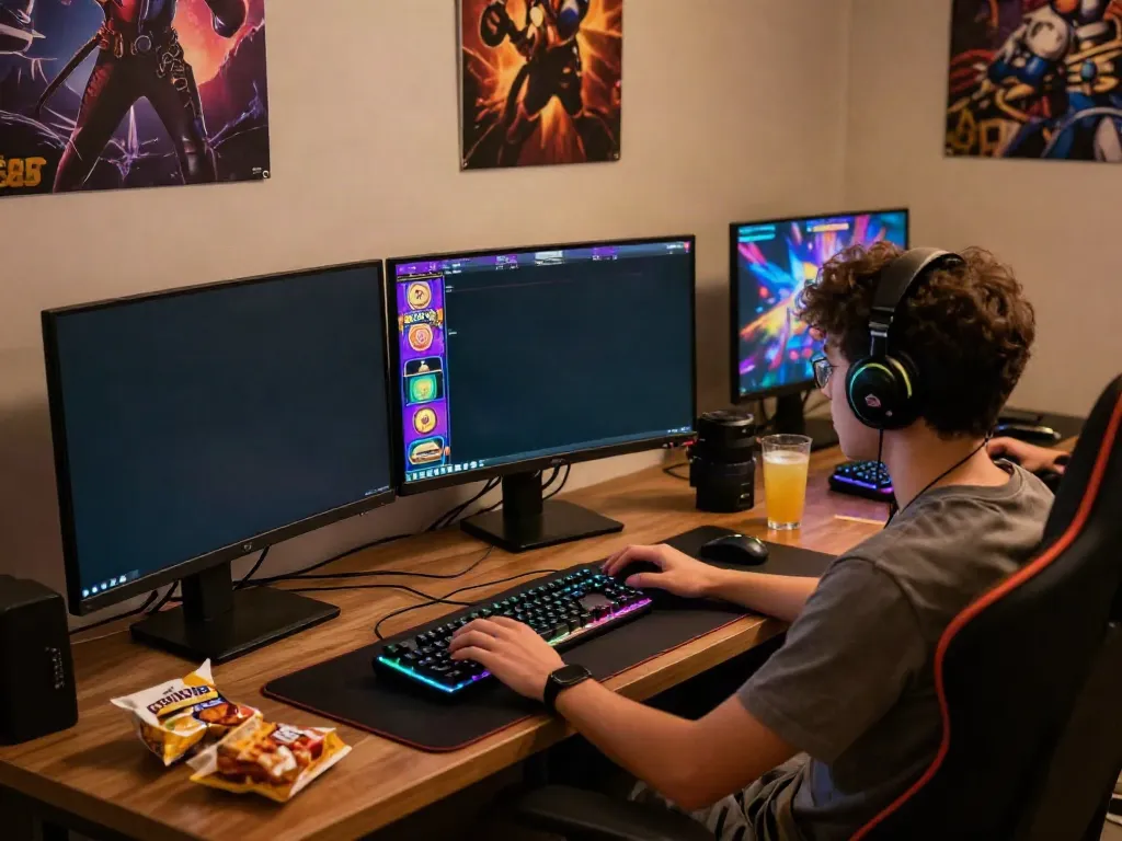 Player enjoying slot88 games on a vibrant gaming setup with colorful graphics.
