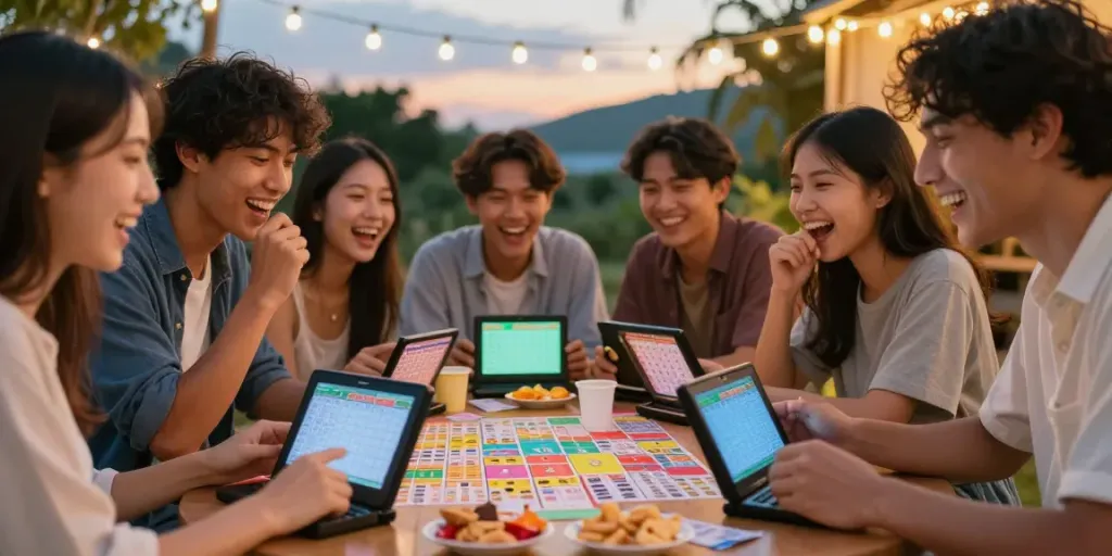 Friends enjoying togel lottery game night outdoors, vibrant atmosphere.