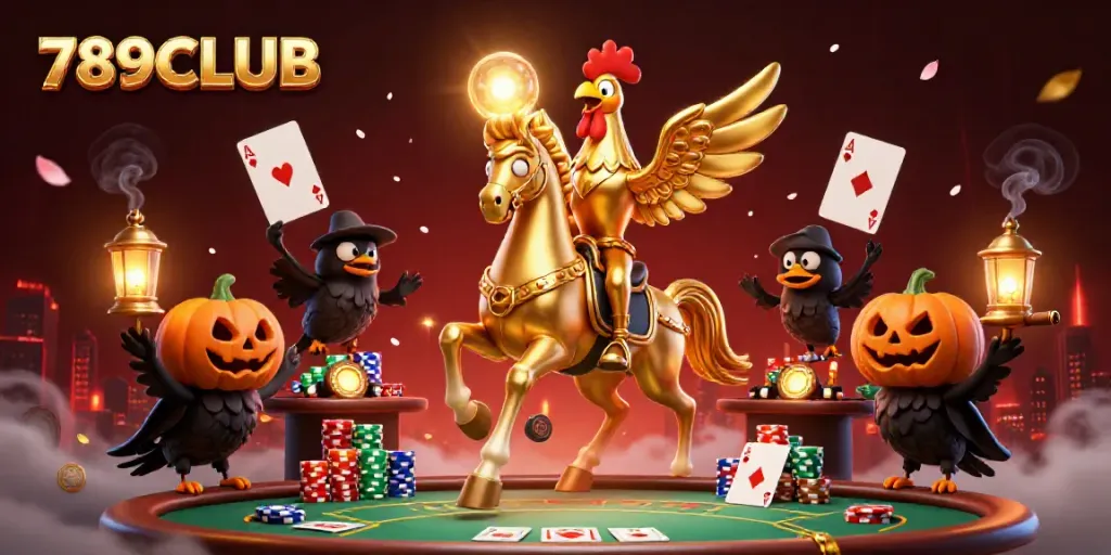 Experience the thrill of 789CLUB in a rich casino scene with golden rooster and poker elements.