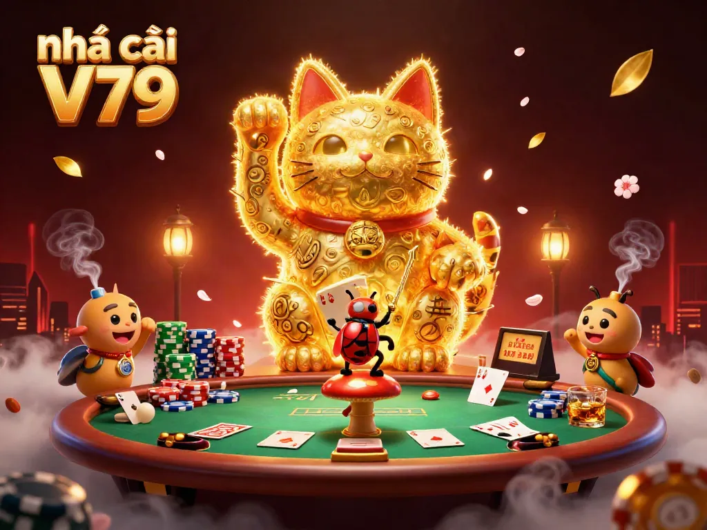 Engaging casino scene showcasing Nhà cái V79 with a lucky cat formation and casino elements for players.