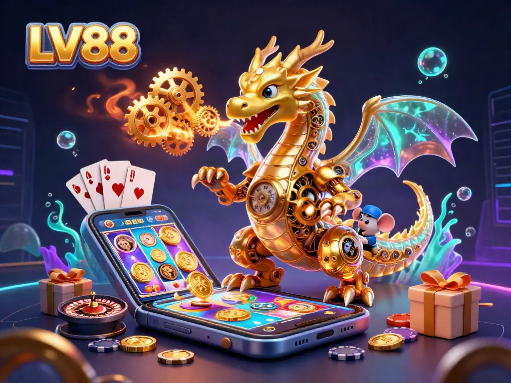 Experience the excitement of LV88 casino games with a fantastical dragon and vibrant slot elements.
