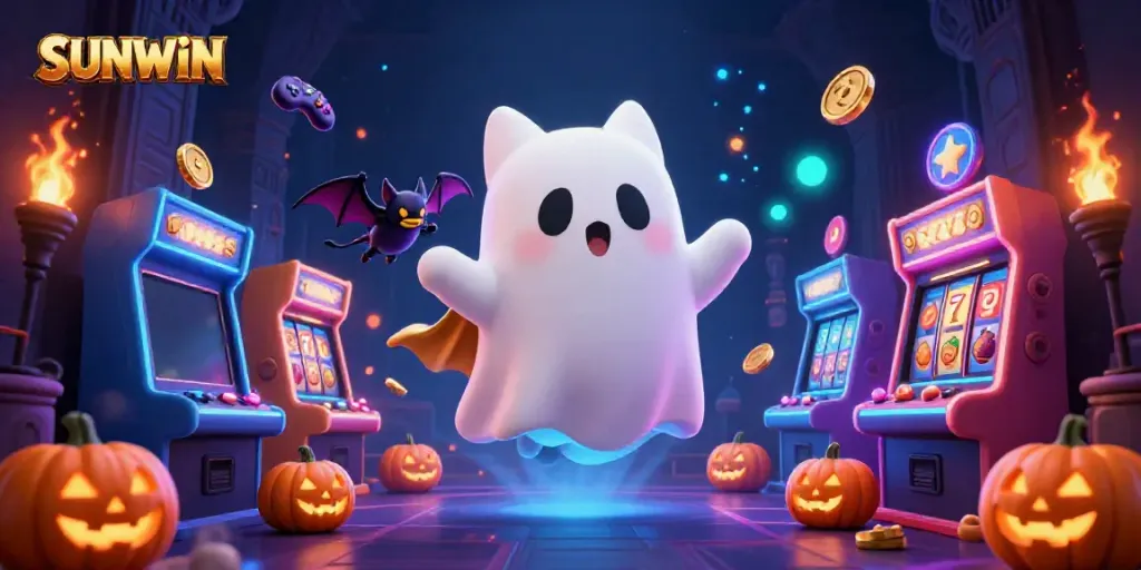 Experience the thrill of SUNWIN at a haunted casino with vibrant 3D character illustration.