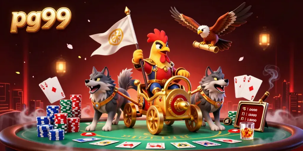 pg99 showcases a dynamic poker scene with a rooster warlord and wolves amidst vibrant casino elements.