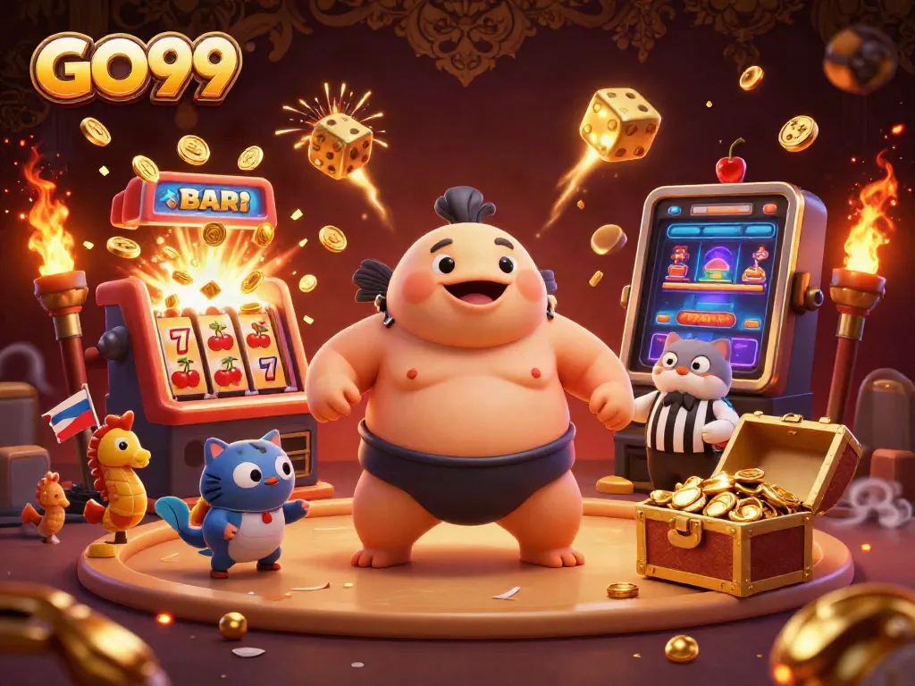 Engage with GO99's thrilling underwater casino scene featuring lively characters amidst jackpot celebrations.