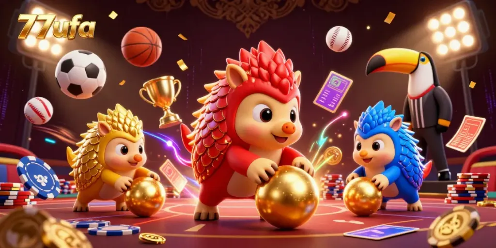 Experience the thrill of gaming with 77ufa's exciting pangolin duo competing over poker chips in this vibrant casino scene.