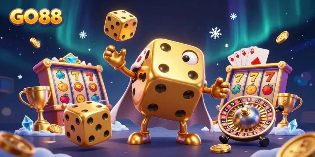 Engage in thrilling gameplay at GO88 with a majestic golden dice golem amidst vibrant slot elements and sparkling coins.
