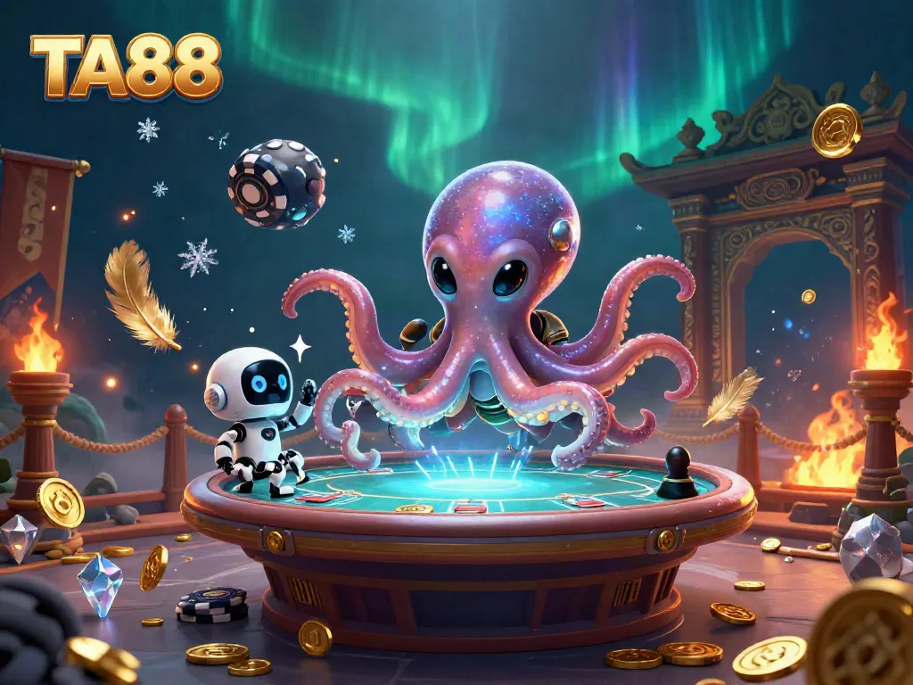Experience the excitement of gambling with TA88 in a vibrant 3D illustration of an alien octopus at a poker table.