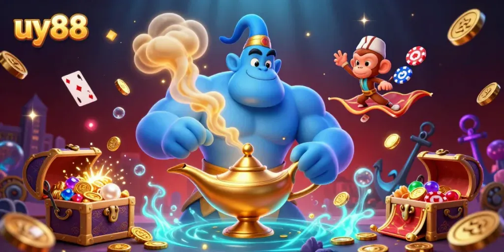 Engage with uy88's thrilling gaming environment featuring a genie, monkey, and flying carpet amidst casino treasures.