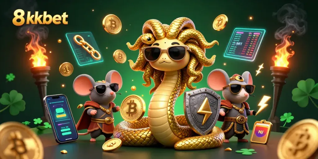 Immerse in the vibrant world of 8xbet with a lively 3D digital casino scene blending crypto themes and gaming excitement.