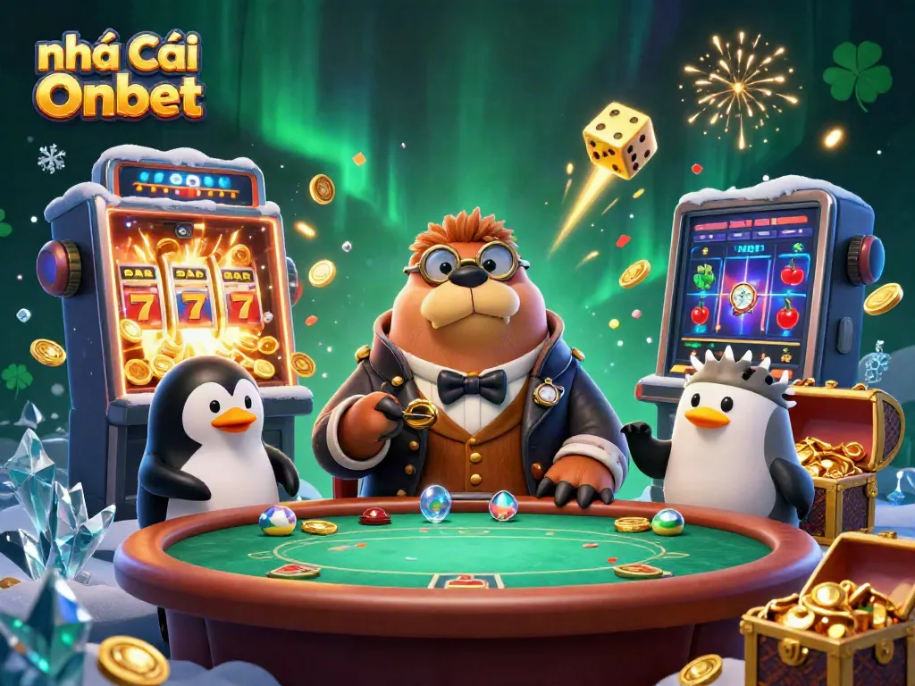 Engage with Nhà Cái Onbet's vibrant casino experience featuring an underwater poker table with animated characters.