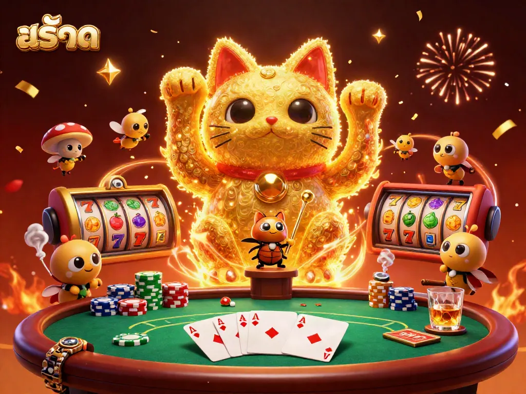 Engage in exciting สล็อต gameplay with vibrant symbols, a lucky cat and festive atmosphere.