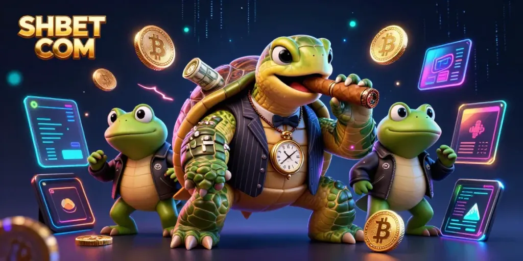 Engage with thrilling casino excitement at SHBET COM featuring vibrant cartoon turtles and crypto elements.
