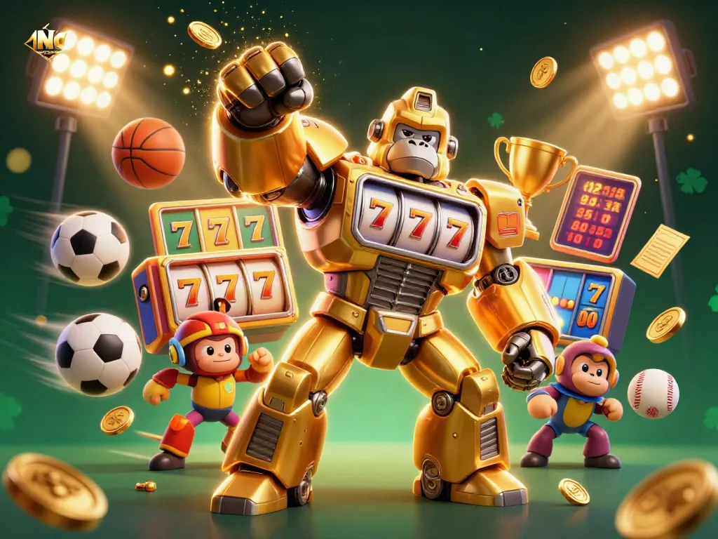 NOHU slot game adventure with a golden gorilla mech, lively elements, and jackpot excitement.