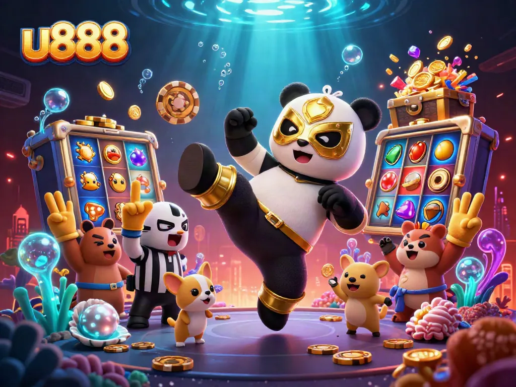 Engaging u888 casino scene with a cartoon panda wrestler, referee chihuahua, and lively crowd amid dazzling slot game elements.