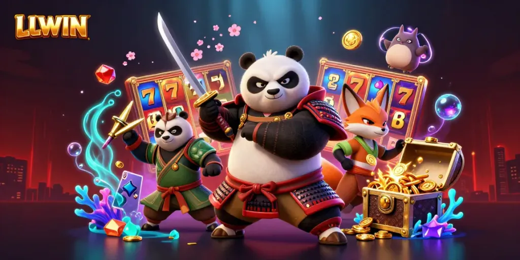 Engage with LLWIN's 3D illustration showcasing gaming excitement with samurai panda and ninja fox