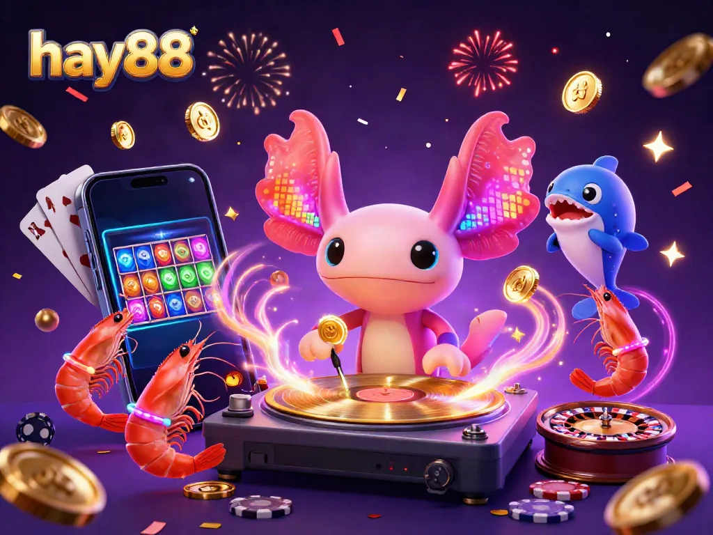 Join the fun with hay88's exciting 3D casino scene featuring a DJ axolotl and lively sea creatures.