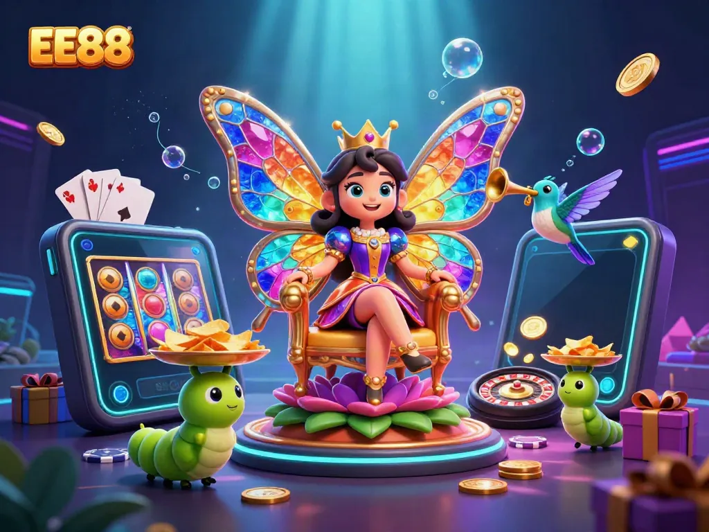 Experience the vibrant world of EE88 with a lively 3D illustration showcasing games and excitement.