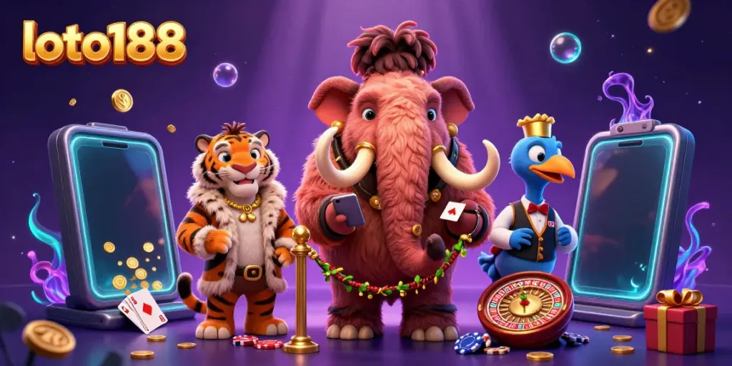 Experience the vibrant energy of loto188 in a 3D casino scene featuring unique animal characters and captivating gaming elements.