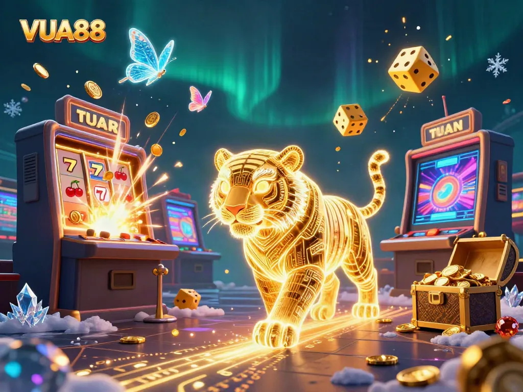 Engage in thrilling experiences with VUA88's vibrant digital casino illustrated scene filled with games and rewards.