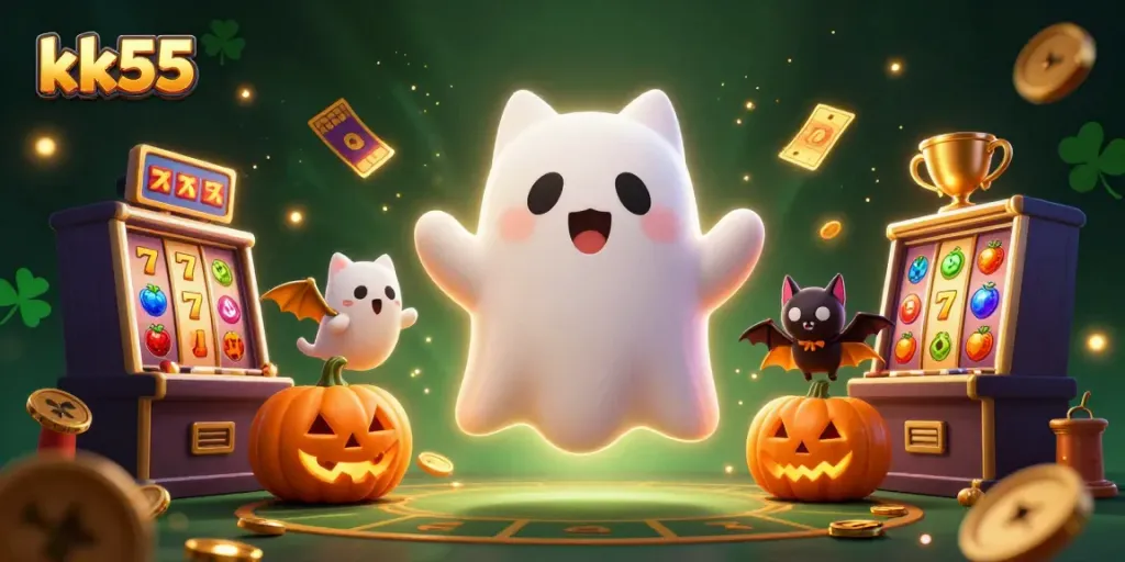Experience the thrill of KK55 as a friendly ghost cat navigates a haunted casino filled with exciting gaming elements.