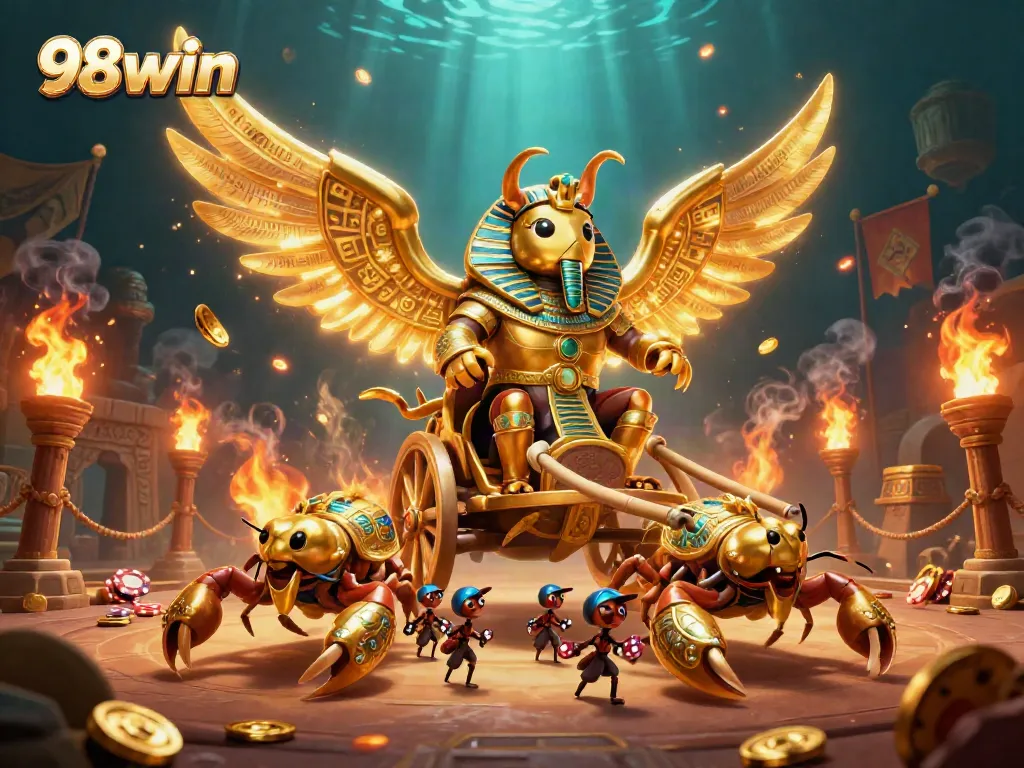 Experience the thrilling action of 98win with a colossal golden scarab beetle and vibrant casino elements.