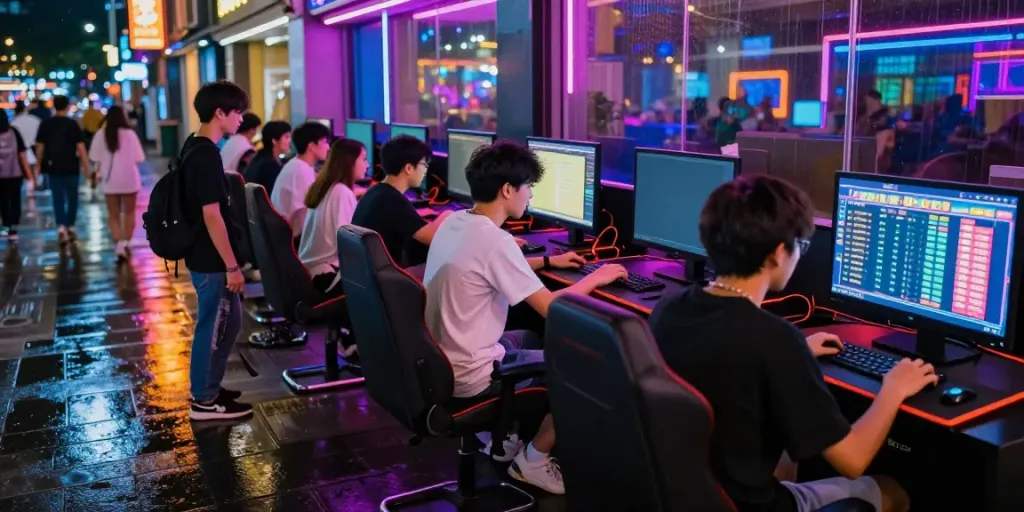 Friends enjoying togel games in a vibrant gaming lounge at night.