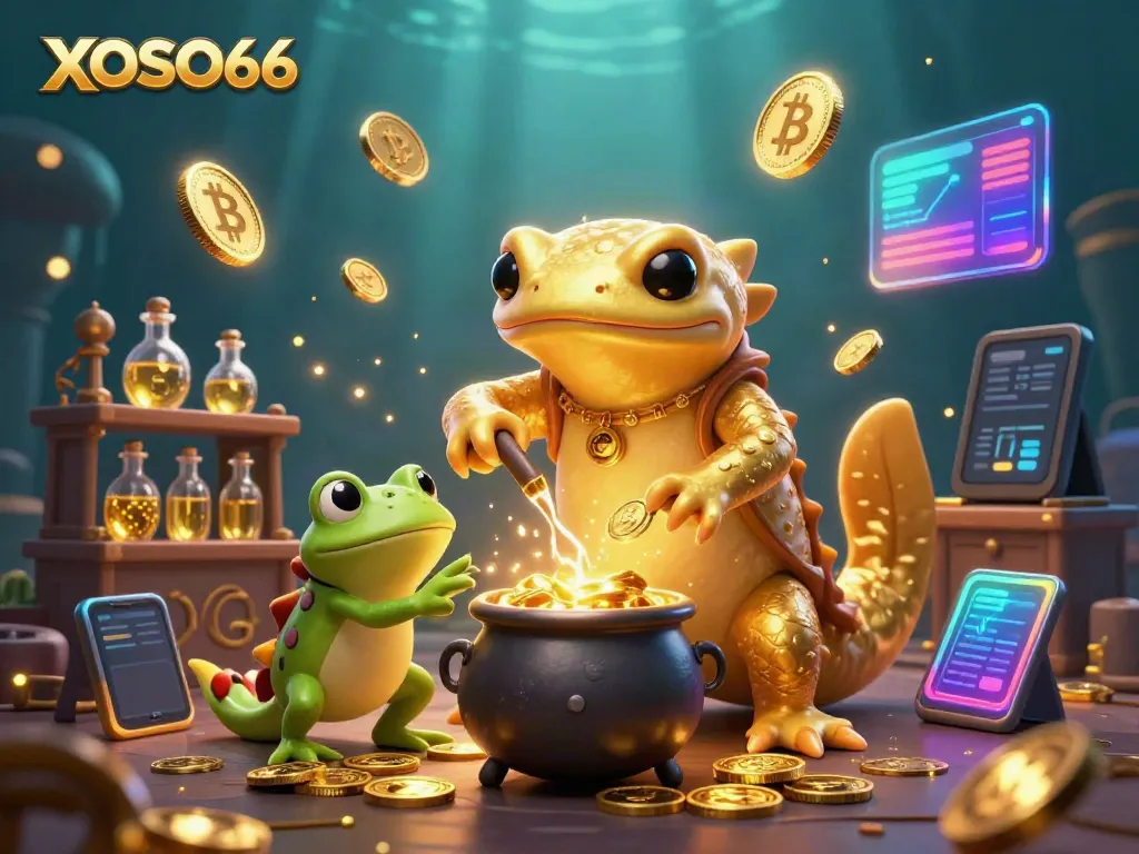 Engage with the immersive XOSO66 gaming experience, featuring vibrant characters in a gold-rich environment.