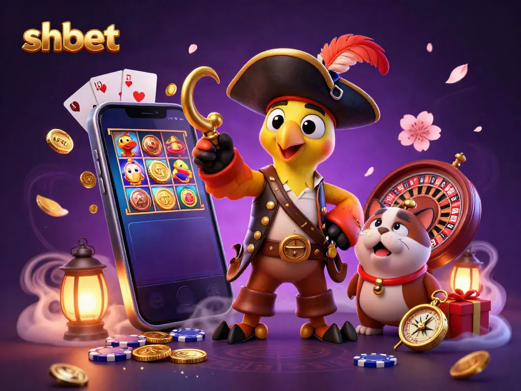 Experience the thrill of shbet with a 3D pirate captain and his crew, surrounded by exciting casino elements.