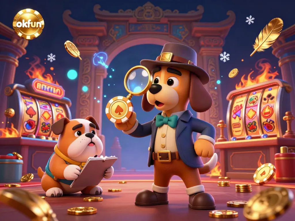 Gamble safely at okfun with a vibrant casino atmosphere featuring a detective inspecting poker chips.