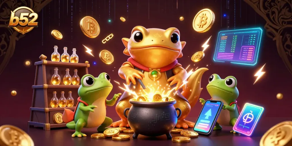 Experience wealth through b52 gaming with alchemist transmuting gold coins from base metals.