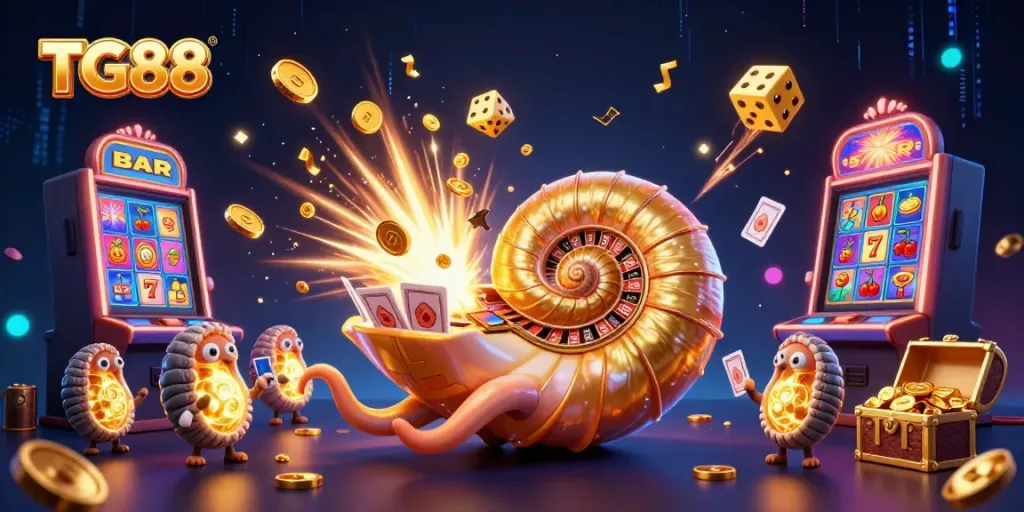 Experience top-tier casino action with TG88, featuring a 3D nautilus roulette wheel in a vibrant gambling scene.