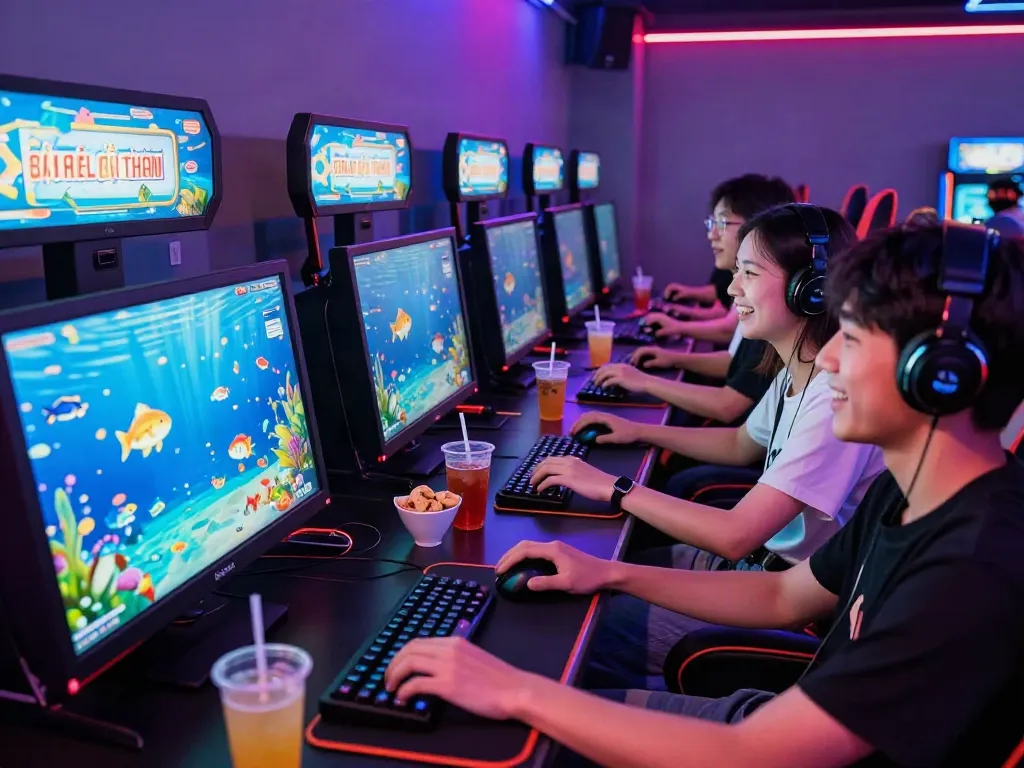 Engaging scene of friends enjoying lại là Bắn cá đổi thưởng game in a vibrant arcade atmosphere.