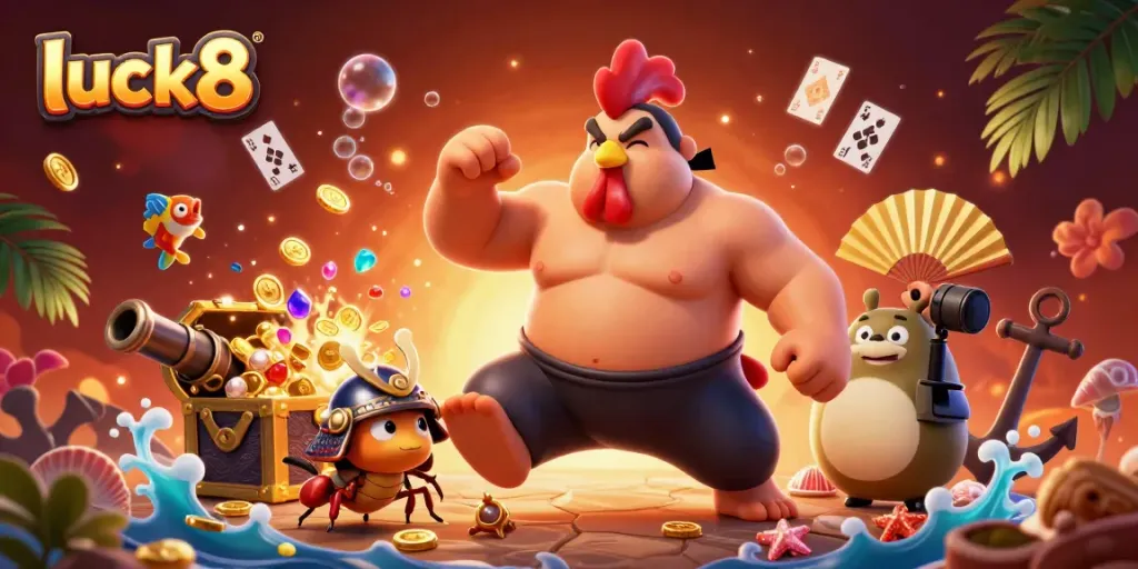 Engage with the luck8 experience in a dynamic 3D illustration featuring animated gaming elements and vibrant characters.