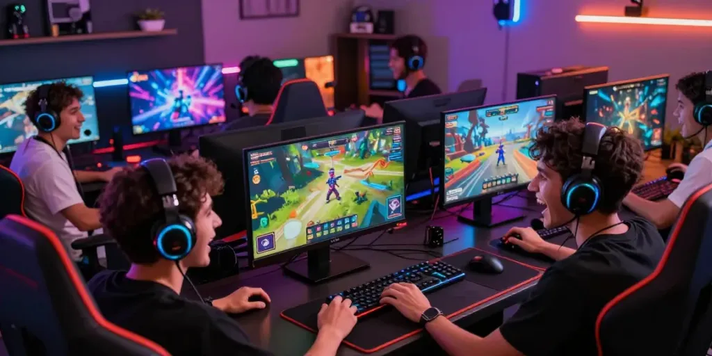 Engaging gaming experience with players enjoying kilat404 online games and colorful setup.
