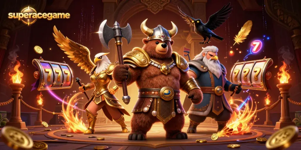 Boost your luck in superacegame with a vibrant illustration featuring Vikings and casino elements.