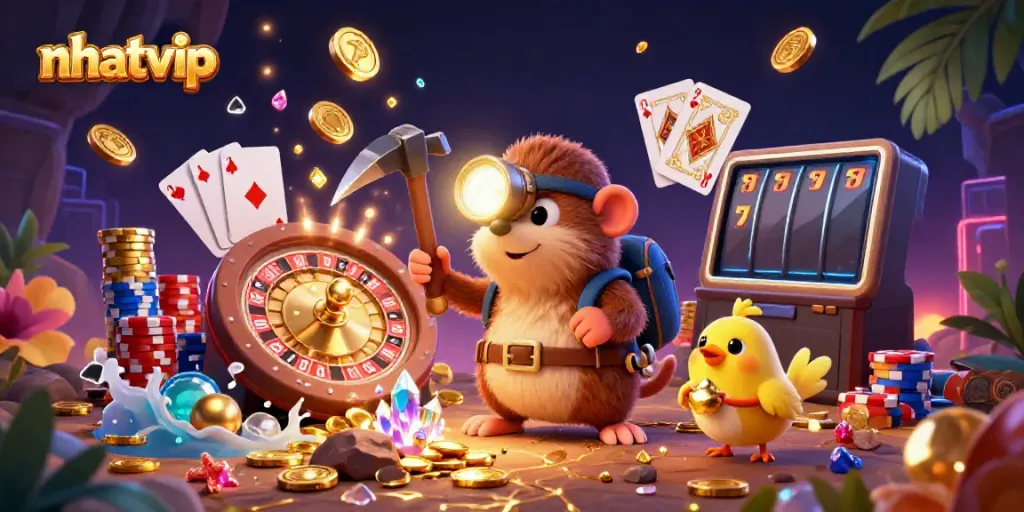 Engaging nhatvip casino scene showcasing a treasure hunter mole amidst glittering gems and casino elements.