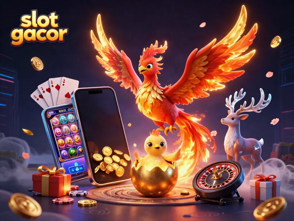 Permainan slot gacor ditampilkan dengan phoenix api dan elemen kasino menarik.