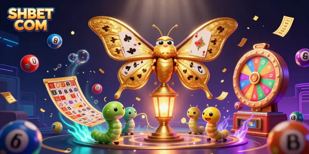 Experience thrilling excitement with SHBET COM, featuring a vibrant 3D illustration of a colorful casino scene.